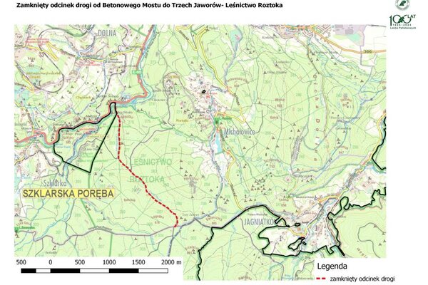 Zamknięty odcinek drogi od Betonowego Mostu do Trzech Jaworów