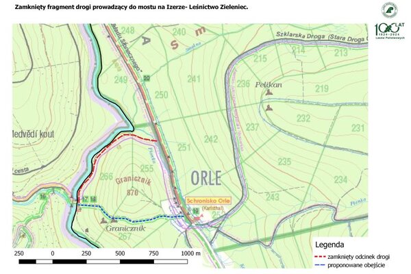 Tymczasowo zamknięta droga leśna w okolicach Stacji Turystycznej Orle-Leśnictwo Zieleniec