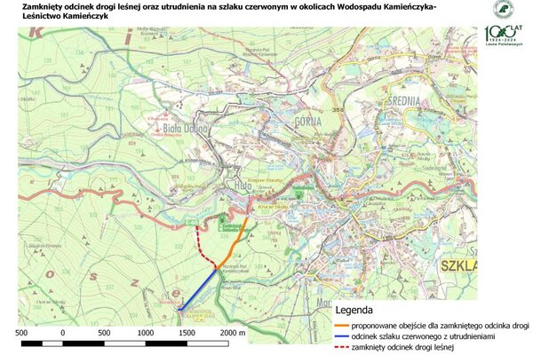 Tymczasowo zamknięty odcinek drogi leśnej oraz utrudnienia na szlaku czerwonym w okolicach Wodospadu Kamieńczyka