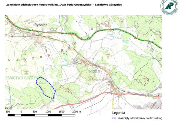 Tymczasowo zamknięty odcinek trasy nordic walking „Duża Pętla Goduszyńska” - Leśnictwo Górzyniec