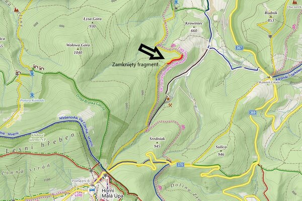 zamknięcie fragmentu szlaku żółtego w kierunku Przełęczy Okraj