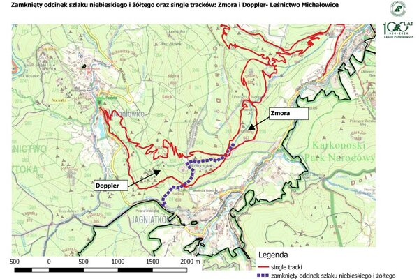 Tymczasowo zamknięty odcinek szlaku żółtego i niebieskiego oraz single tracki w okolicach Grzybowca - leśnictwo Michałowice